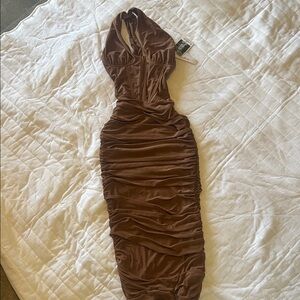 Ruched Halter Midi Dress in Brown